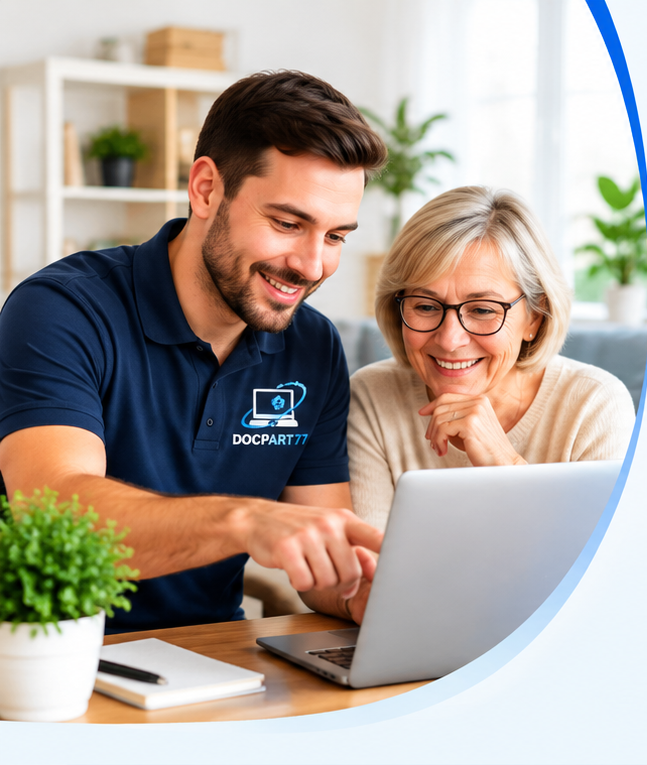 Technicien DOCPART 77 accompagnant une cliente à domicile